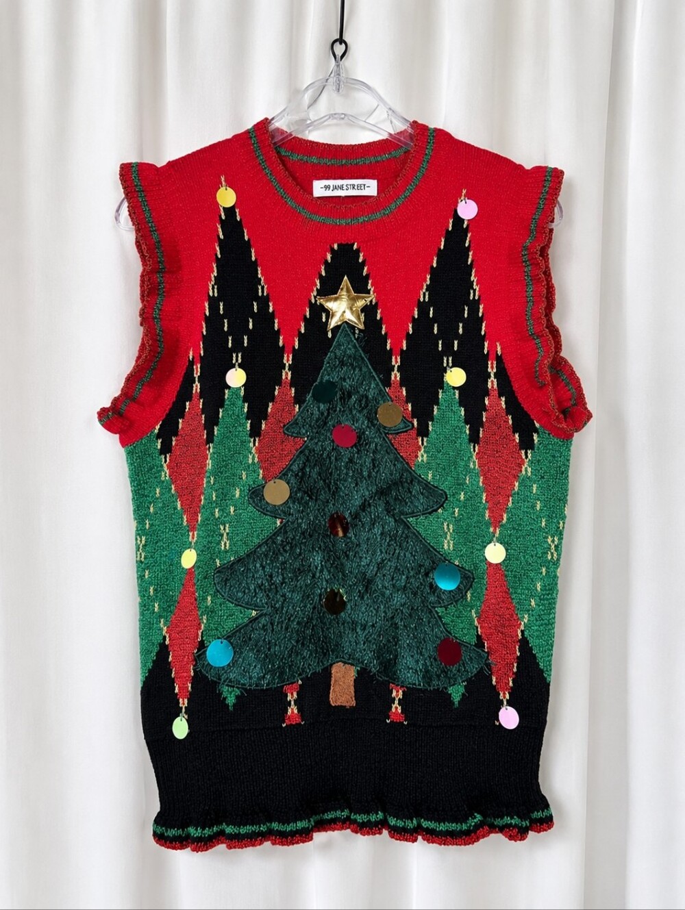 99 Jane Street Christmas Tree Metallic Red Black Festive Ruffle Sweater Vest